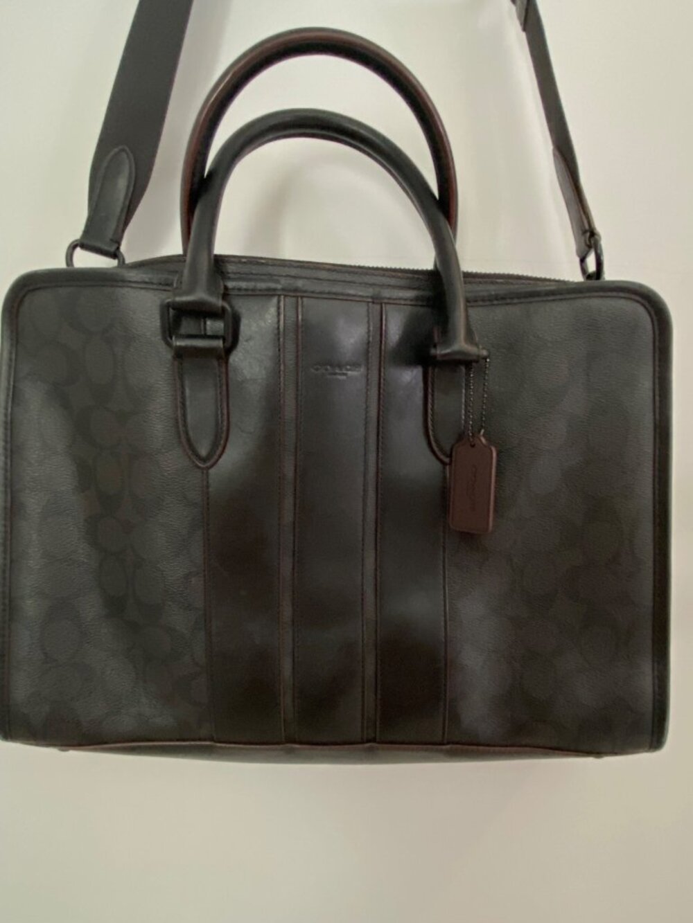 Coach Black Leather Signature Embossed Briefcase With Adjustable Shoulder Strap